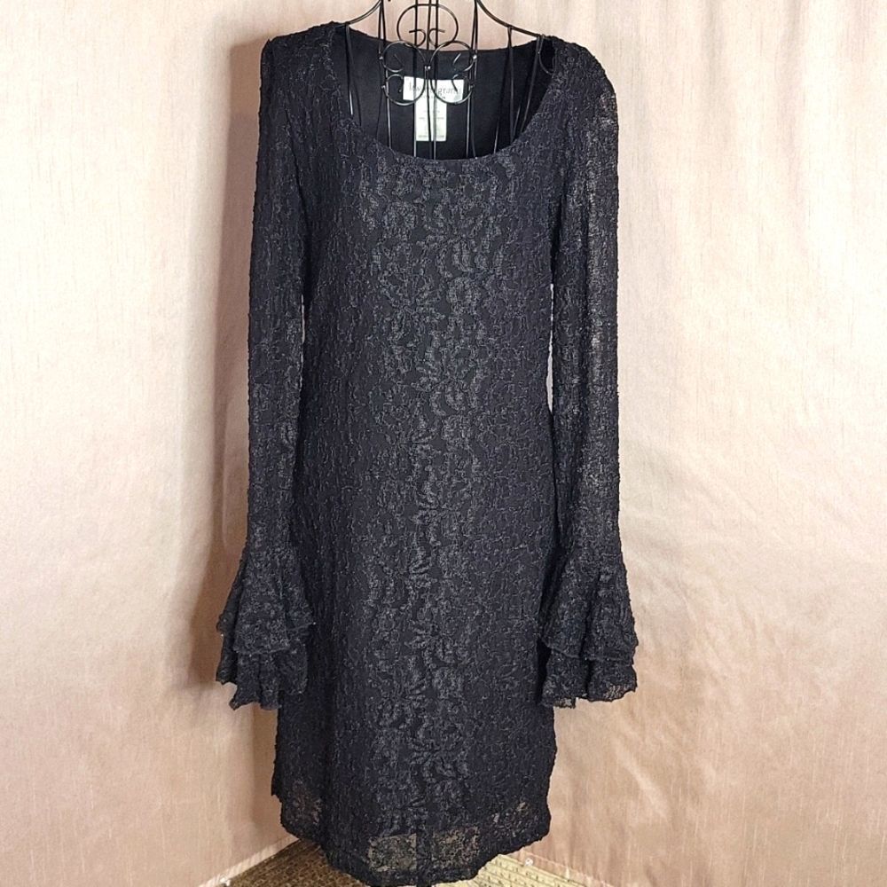 LEW‎ MAGRAM Black Ruffled and Lace Dressy Dress Size 12